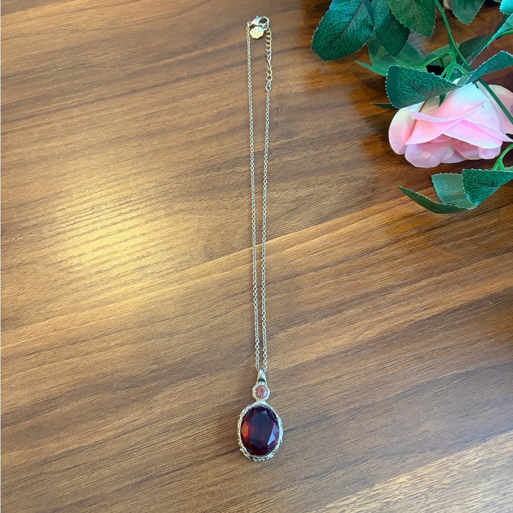 Monet JCPenney Bauble Bar Gold Necklace with Deep Red Pendant